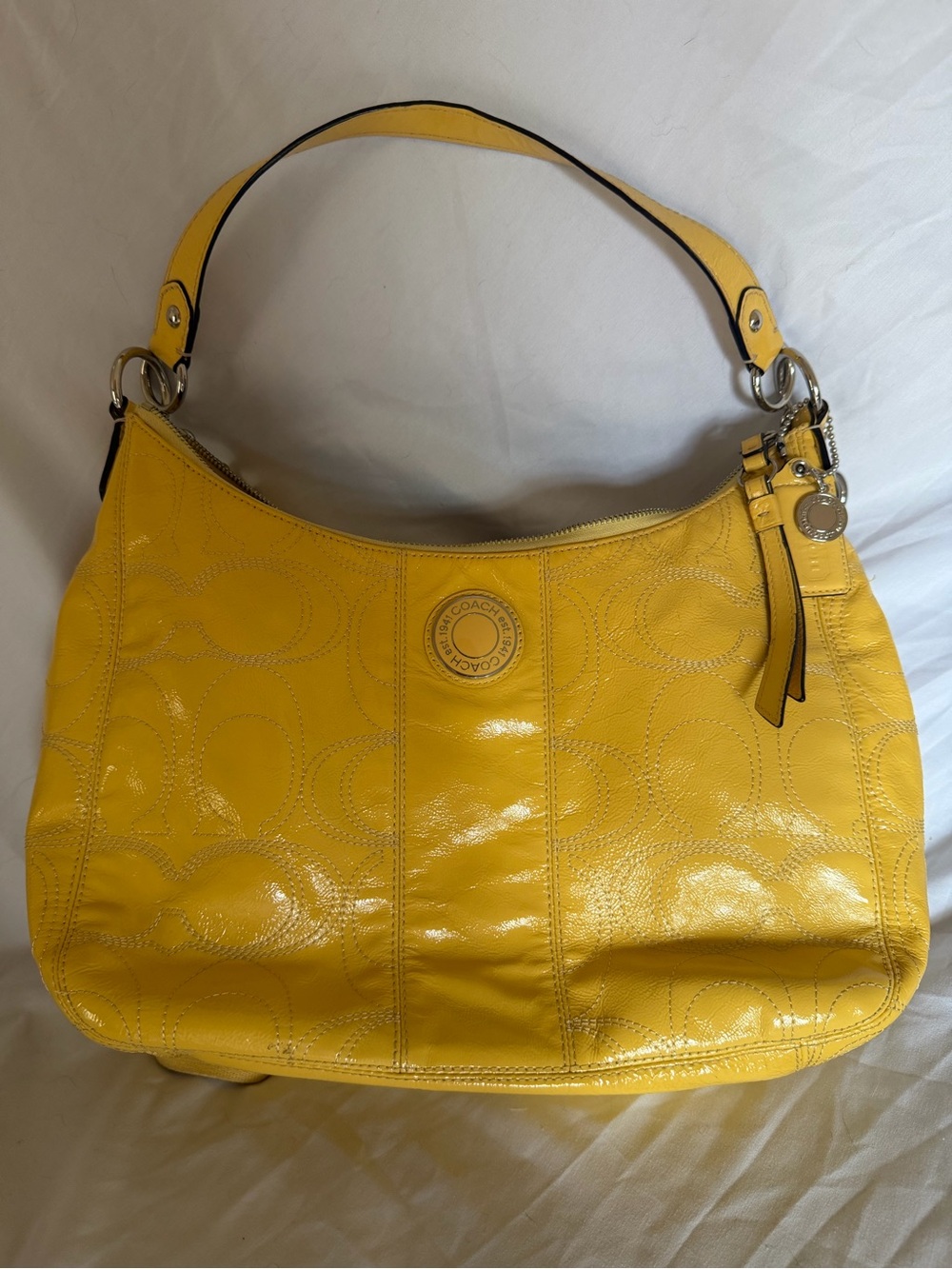 Vintage Coach Yellow Signature Embossed Patent Leather Convertible Hobo Bag